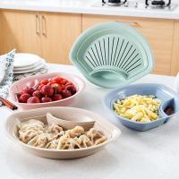 小麦秸秆扇形饺子盘 双层沥水盘带醋碟水饺盘寿司水果盘 粉色