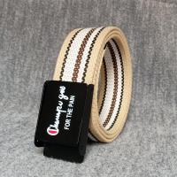 男士布腰带女士帆布皮带青年男学生裤带自动休闲工装裤韩版潮军训 字母款杏色条纹 皮带长110厘米 可自行改短