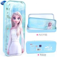 迪士尼文具盒女冰雪爱莎幼儿园1-3年级小学生双层铁铅笔盒简约大 5676冰雪不带密码文具盒蓝绿色