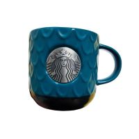 咖啡杯大容量蓝色鱼鳞杯经典简约马克杯铜章新品礼盒陶瓷杯 孔雀绿+盒子