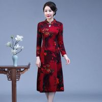2021新款春秋改良旗袍连衣裙中长款妈妈装大码修身显瘦过膝旗袍裙 枣红[高档旗袍] 不加绒 L 建议[90-105]斤
