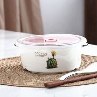 陶瓷饭盒圆形分格黑线密封微波炉分隔餐碗上班族便当盒带盖保鲜 仙人掌饭盒+勺筷