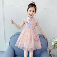 小女孩连衣裙夏装2021新款中大儿童洋气旗袍公主裙复古网纱蓬蓬裙 粉红色 110 参考身高90-110