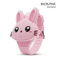 儿童led数字电子手表女孩学生可爱卡通兔子猫咪防水翻盖玩具表男 粉红色