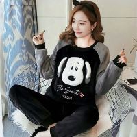 睡衣女冬季加厚法兰绒睡衣女秋学生可爱珊瑚绒大码睡衣家居服套装 黑色小狗 M