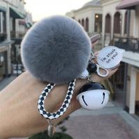 韩国创意毛绒钥匙扣挂件女 高档獭兔真兔毛球汽车钥匙链女包挂件 黑白绳深灰毛球黑白铃白牌