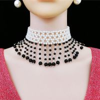 日韩夸张珍珠流苏项链女短款锁骨链装饰旗袍配饰品脖链颈带毛衣链 黑色珍珠与磁珠流苏项链