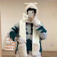 可爱猫耳朵加厚保暖套装帽子围巾手套三件套毛绒护耳围脖一体帽女 一体帽 猫尖[米色]