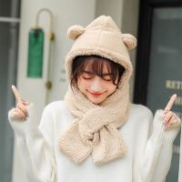秋冬帽子女双层加厚围巾手套一体三件套可爱小猫耳朵保暖连体帽子 特价交叉小熊米色