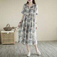 高档棉麻连衣裙女夏2021新款碎花显瘦遮肉微胖辣妈时尚洋气裙子潮 灰色 M