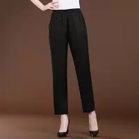 妈妈裤子夏季薄款丝女裤宽松直筒休闲长裤大码中年人中老年女裤 黑色抽带款 XL 建议80-110斤