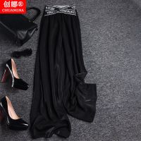 2021夏季薄款垂感阔腿裤女光泽感面料大腿裤高腰洋气宽松遮肉长裤 黑色 S 90斤以内