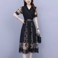 连衣裙2021新夏遮肚大码女装法式减龄V领短袖网纱拼接绣花小黑裙 图片色【收藏店铺送腰带】 L 【建议100-115斤】