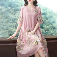 [品质好货]重工刺绣中国风连衣裙2021春夏改良汉服民族风裙子女 粉色 M 95-120斤
