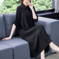 特价清仓杭州高档重磅真丝连衣裙长款宽松遮肚黑色过膝香云纱长裙 黑色 M 95-105斤