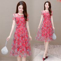 2021夏季流行枫叶花收腰遮肚子网纱连衣裙女中长款时尚气质妈妈裙 红色 [好质量] L 建议90-100斤