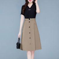 大码女装连衣裙2021年夏季新款收腰遮肚时尚减龄拼接雪纺气质裙子 黑色 L (建议90-105斤)