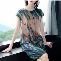 杭州丝绸特价清仓高档真丝连衣裙女中长款桑蚕丝香云纱中老年裙子 绿色 M 95-105斤