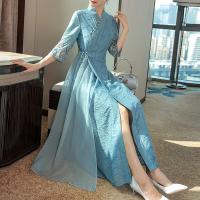 2021秋装新款古风复古中国风上海裙子女气质显瘦改良版旗袍连衣裙[15天内发货] 蓝色 M