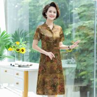 中老年女装夏季短袖香云纱连衣裙2021新款妈妈修身收腰显瘦裙子夏 608山水黄 L 85-100斤