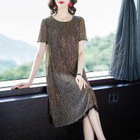 夏季2021新款大码连衣裙气质妈妈洋气遮胯裙子显瘦高腰亮丝连衣裙[5天内发货] 金色 M 90-100斤左右