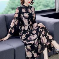 雪纺连衣裙女2021年秋季新款收腰遮肚气质长裙印花裙子 黑色 M 98-105