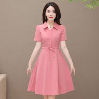 2021新款春秋装女通勤收腰中长款阔太太成熟风POLO领长袖连衣裙 粉色短袖 L建议[95斤以内]