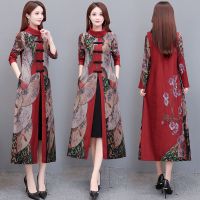 新款两件套中老年人连衣裙气质印花长袖大码遮肉显瘦妈妈装旗袍女[9月20日发完] 022[红色] 3XL 建议145-16