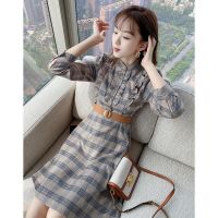 格子复古连衣裙秋季女装2021新款时尚拼接御姐气质修身显瘦a字裙 图片色 腰带 XXS 建议50斤以下