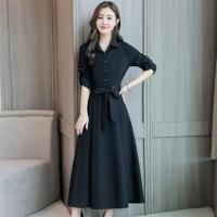 2021长袖翻领衬衫中长款连衣裙气质修身仿棉麻过膝长裙女装春秋款 黑色常规 M