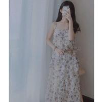 法式大码雪纺吊带连衣裙套装女2021夏装新款温柔气质长款碎花裙子 杏蓝色单裙子[收藏关注送腰带] S [建议80-98斤