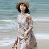 棉麻连衣裙夏装2021新款温柔风气质收腰显瘦中长款印花亚麻裙子 素雅艺术花色 [优质面料 质量保证] S 建议80-11