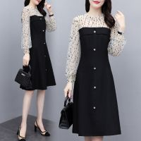 大码女装连衣裙女2021秋季新款胖妹妹遮肚子显瘦气质泡泡袖裙子女 白色拼接黑色 连衣裙 M