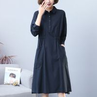 棉麻连衣裙2020年春秋新款宽松显瘦气质收腰大码女装长袖衬衫裙子 蓝色 M 85-100斤
