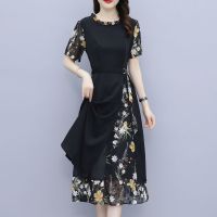 雪纺拼接连衣裙女2021年秋装款大码女装减龄显瘦气质碎花裙子夏装 [1805#]黑色短袖 L [建议115斤内]