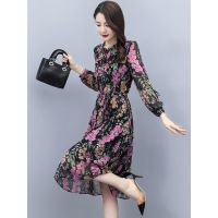 [武汉好货]碎花雪纺高端连衣裙2021早秋新款韩版修身气质中长裙 花色 M 建议[80-95斤左右]