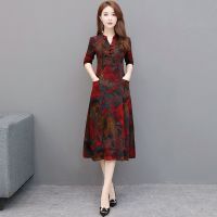 中长款贵夫人女连衣裙高端洋气2021春秋新款长袖中年妈妈改良旗袍 红色[春秋款] L 建议90-105斤