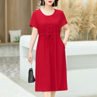 中年妈妈夏装连衣裙2021新款40-60岁显瘦过膝长裙中老年洋气夏装 枣红色 XL 90-120斤