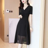 连衣裙2021新款春夏收腰显瘦气质V领名媛黑色高端宴会小礼服裙 黑色短袖 品牌好货 M 85-100