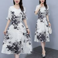 V领水墨画雪纺印花连衣裙女装2021夏复古收腰显瘦气质减龄大摆裙 水墨印花 M 建议95-108斤