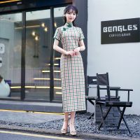 中国风格子改良版旗袍连衣裙女2021新款夏季贵夫人显瘦收腰连衣裙 短袖长旗袍军绿大方格 S 收藏店铺,优先发货
