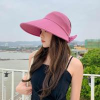 防晒帽女遮脸防紫外线大帽檐可扎马尾帽子夏季棉布遮阳空顶太阳帽 玫红