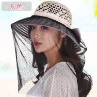 防蚊帽子女面纱透气遮脸带面纱的帽子夏天女士防晒太阳帽折叠两用 灰色 [防嗮黑-防柳絮-防蚊虫+防风绳]均