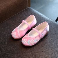 女童汉服鞋子绣花鞋宝宝舞蹈单鞋传统帆布鞋中国风老北京公主鞋子 032粉色 22码/内长12.9cm