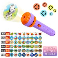 儿童早教投影手电筒动物图案睡前故事安抚灯宝宝发光玩具灯男孩女 紫色手电筒 6卡片48种图案[标配]