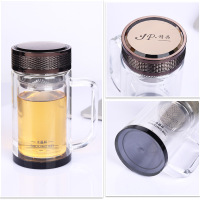 欣贵坊玻璃杯高档双层透明商务茶杯高硼硅雕花盖水晶底把手办公杯