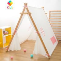 儿童帐篷室内公主女孩粉色木制玩具游戏屋宝宝家用小房子礼物促销真智力 米白粉色窗帐篷单品A 送星星灯和旗子