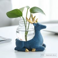 创意绿萝水培玻璃器皿透明花盆水养鲜花花器火烈鸟插花瓶桌面摆件 一鹿平安[典雅蓝]