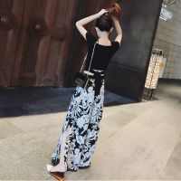 沙滩裙裤开叉阔腿裤套装女夏大码女装洋气雪纺裙裤胖mm显瘦两件套 两件套-黑色上衣+阔腿裤 S 建议80-95