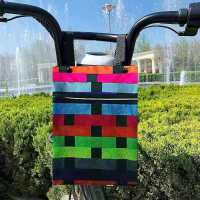 电动车挂兜自行车收纳袋前置挂包大容量单车储物布袋防水可调挂包 七彩格子挂包